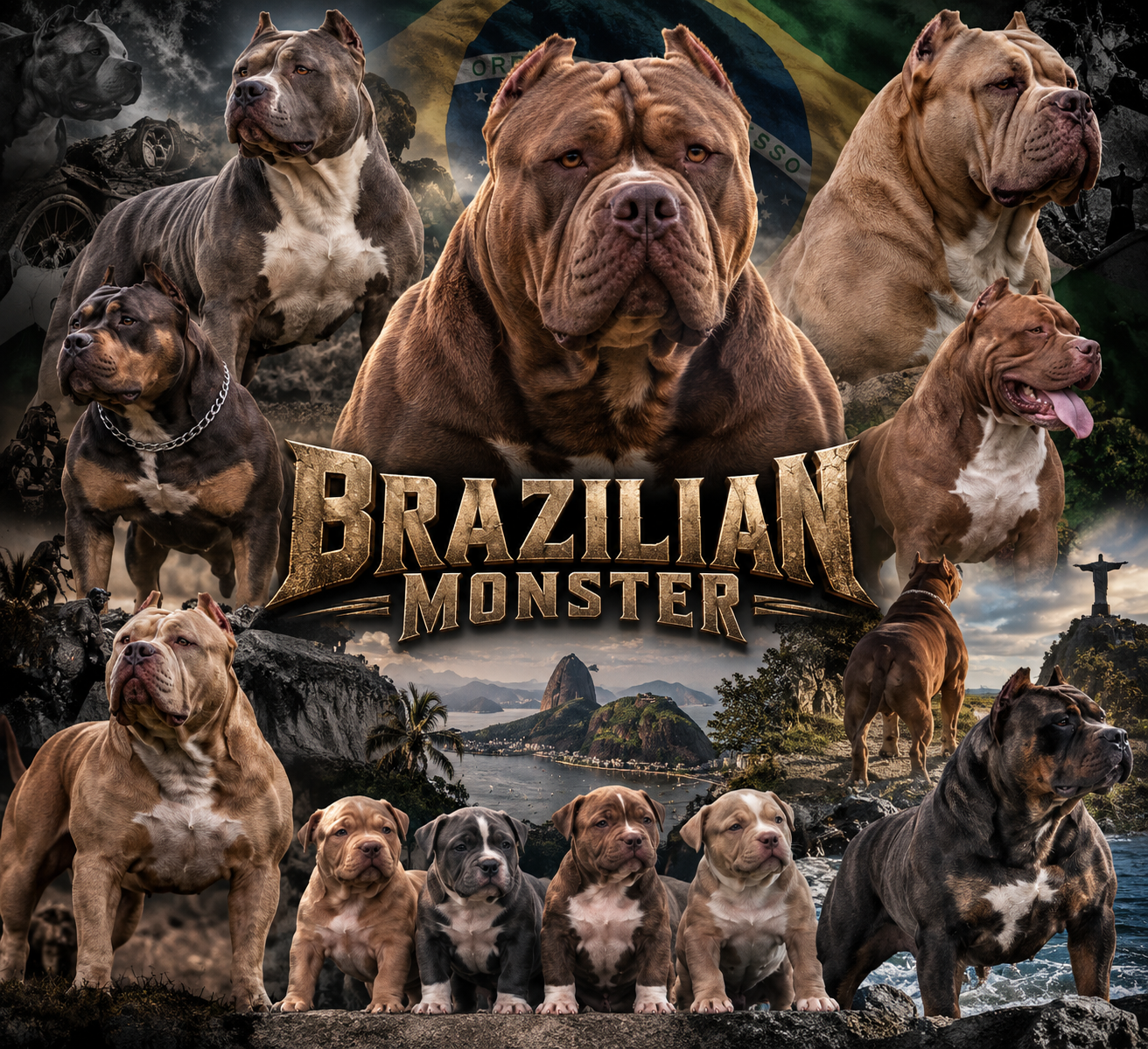 Εικονογραφική σύνθεση Brazilian Pit Monster με σκύλους τύπου Bull και κουτάβια μπροστά στη σημαία της Βραζιλίας — Χρήστος Κούτσης, εκπαιδευτής σκύλων.
