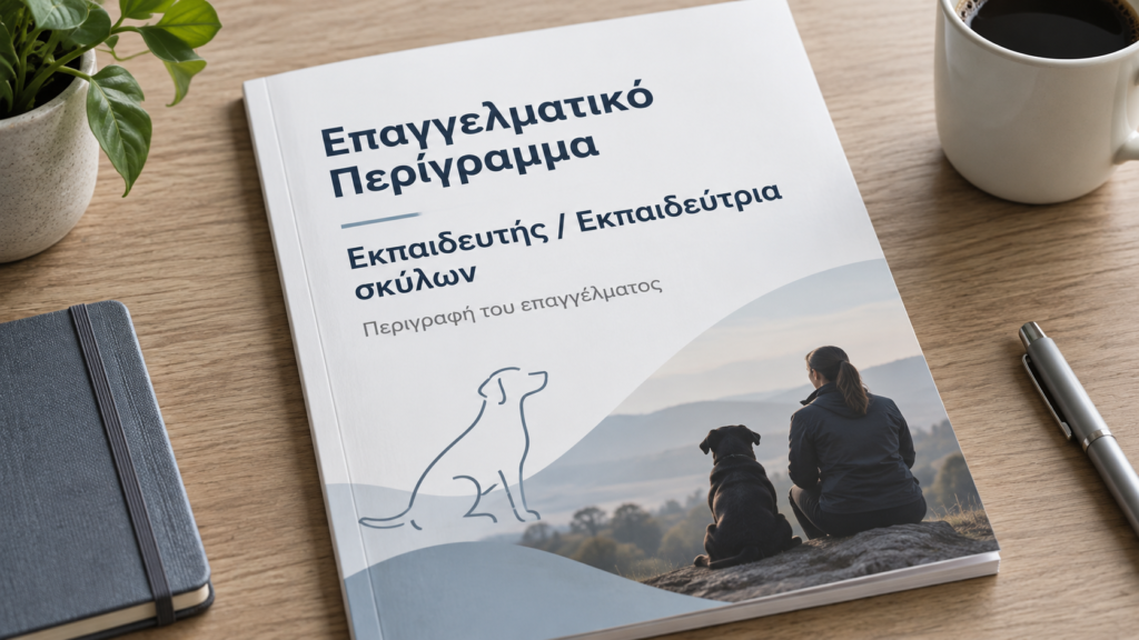 Εικαστικό εξώφυλλο για το επαγγελματικό περίγραμμα εκπαιδευτή σκύλων, με άνθρωπο και σκύλο