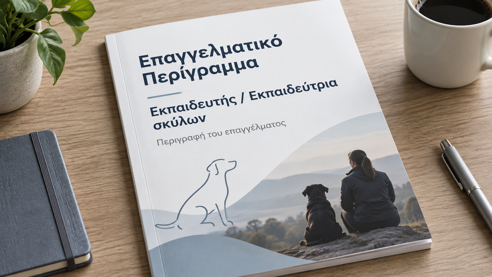 Εικαστική απεικόνιση εντύπου για το επαγγελματικό περίγραμμα εκπαιδευτή σκύλων, με φωτογραφία ανθρώπου και σκύλου στο εξώφυλλο.