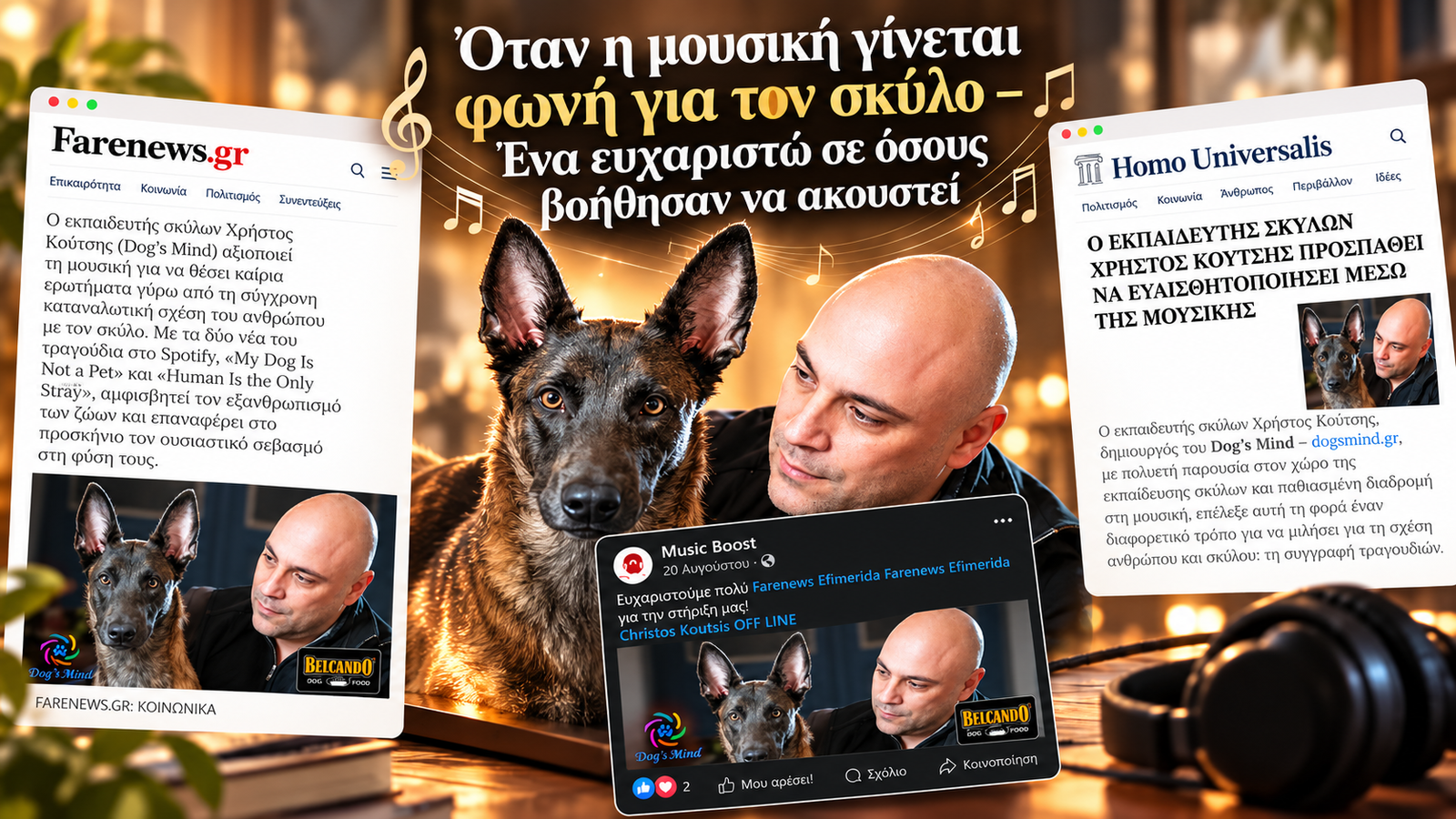 Κολάζ δημοσιευμάτων και εικόνων για τη μουσική του Χρήστου Κούτση και τη σχέση ανθρώπου και σκύλου