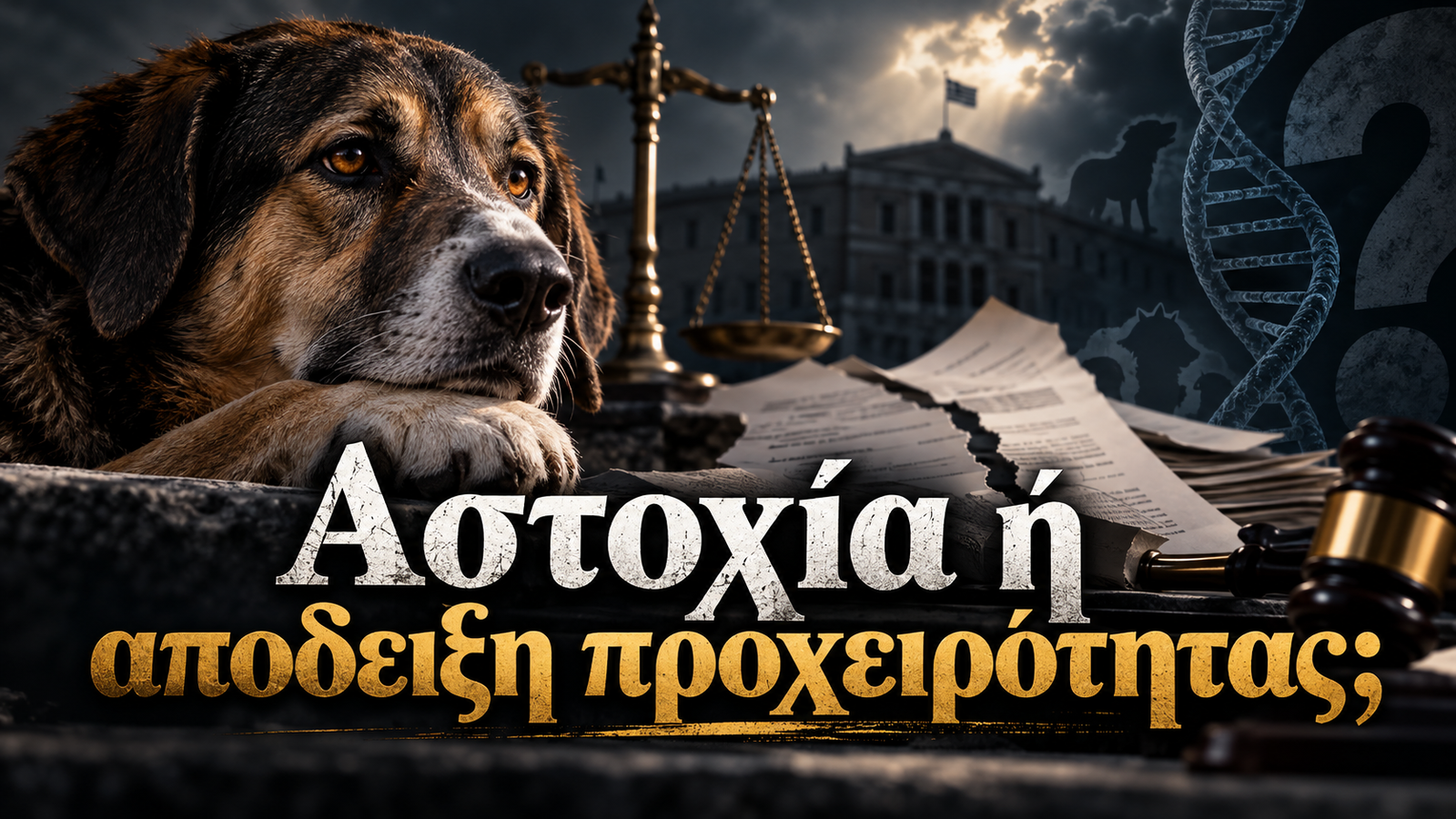 Σκύλος, ζυγαριά δικαιοσύνης και έλικα DNA με το ερώτημα «Αστοχία ή απόδειξη προχειρότητας;» για τον νόμο Άργος.